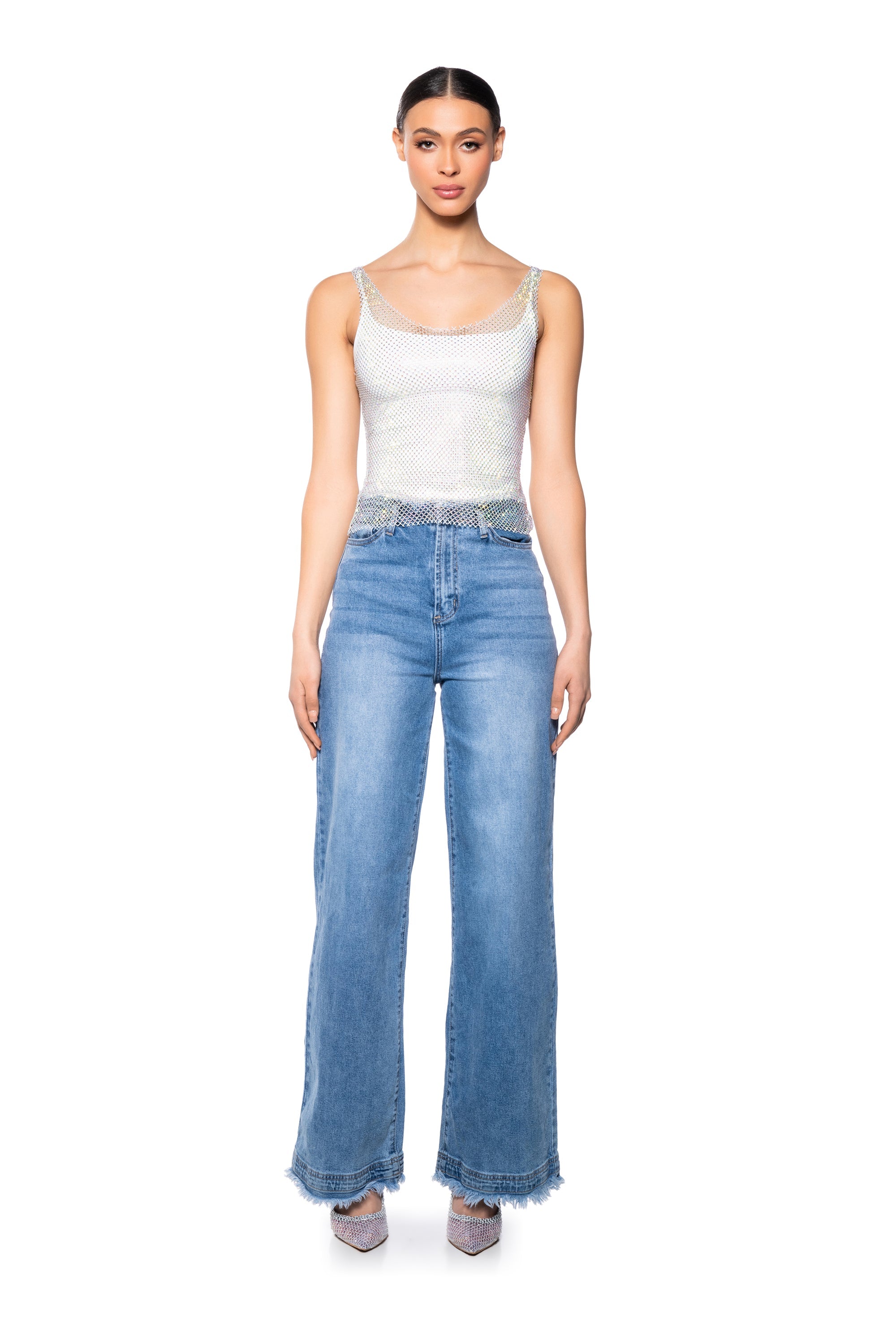 ANGEL VIBES RHINESTONE MESH TANK IN SILVER