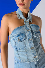 ANGELICA DENIM BUTTON DOWN COLLAR CORSET TOP