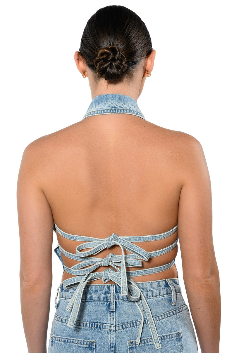 ANGELICA DENIM BUTTON DOWN COLLAR CORSET TOP