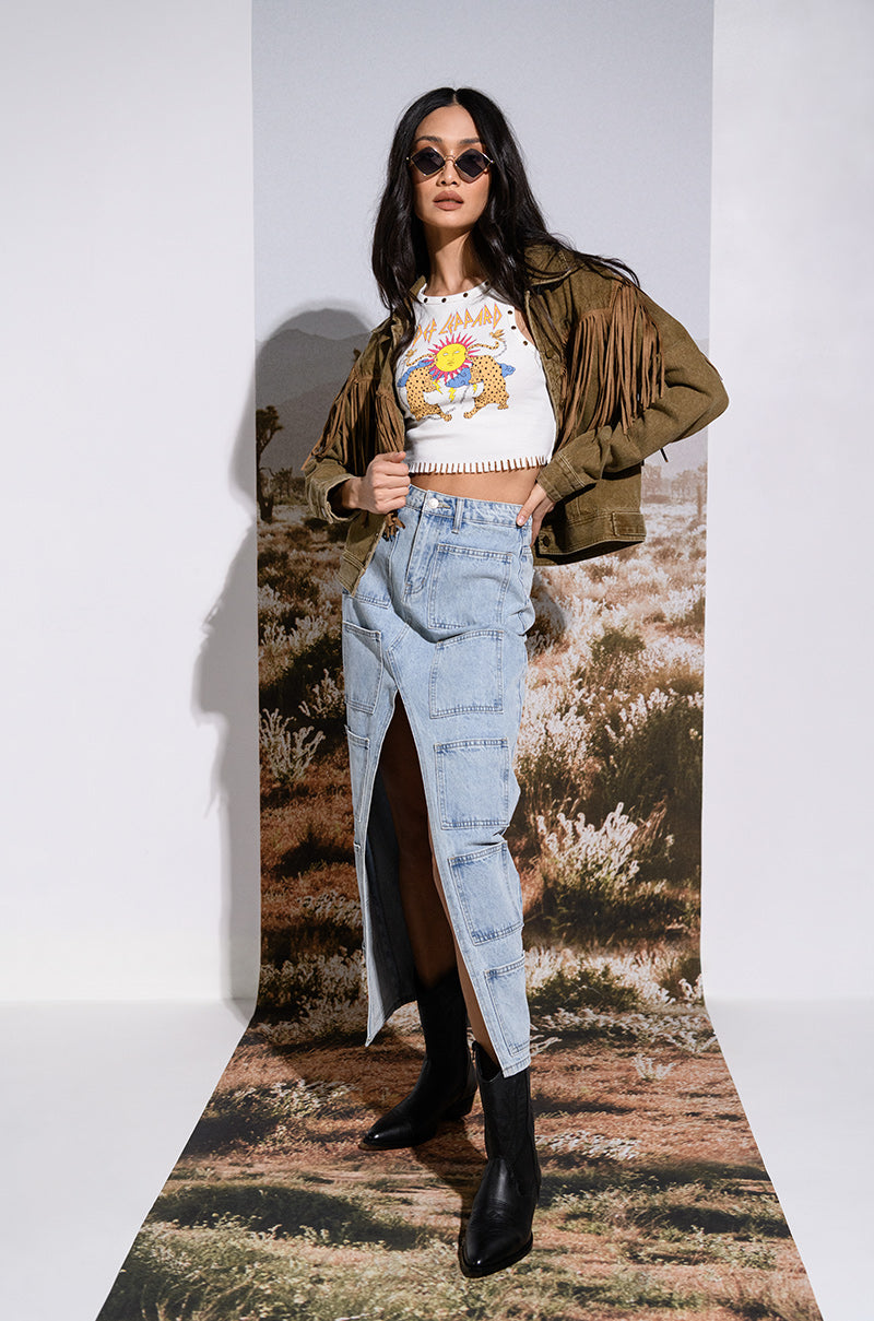 ANGELICA DENIM MIDI OPEN SLIT SKIRT