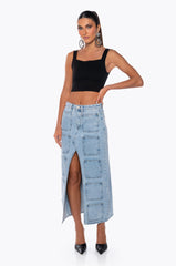 ANGELICA DENIM MIDI OPEN SLIT SKIRT