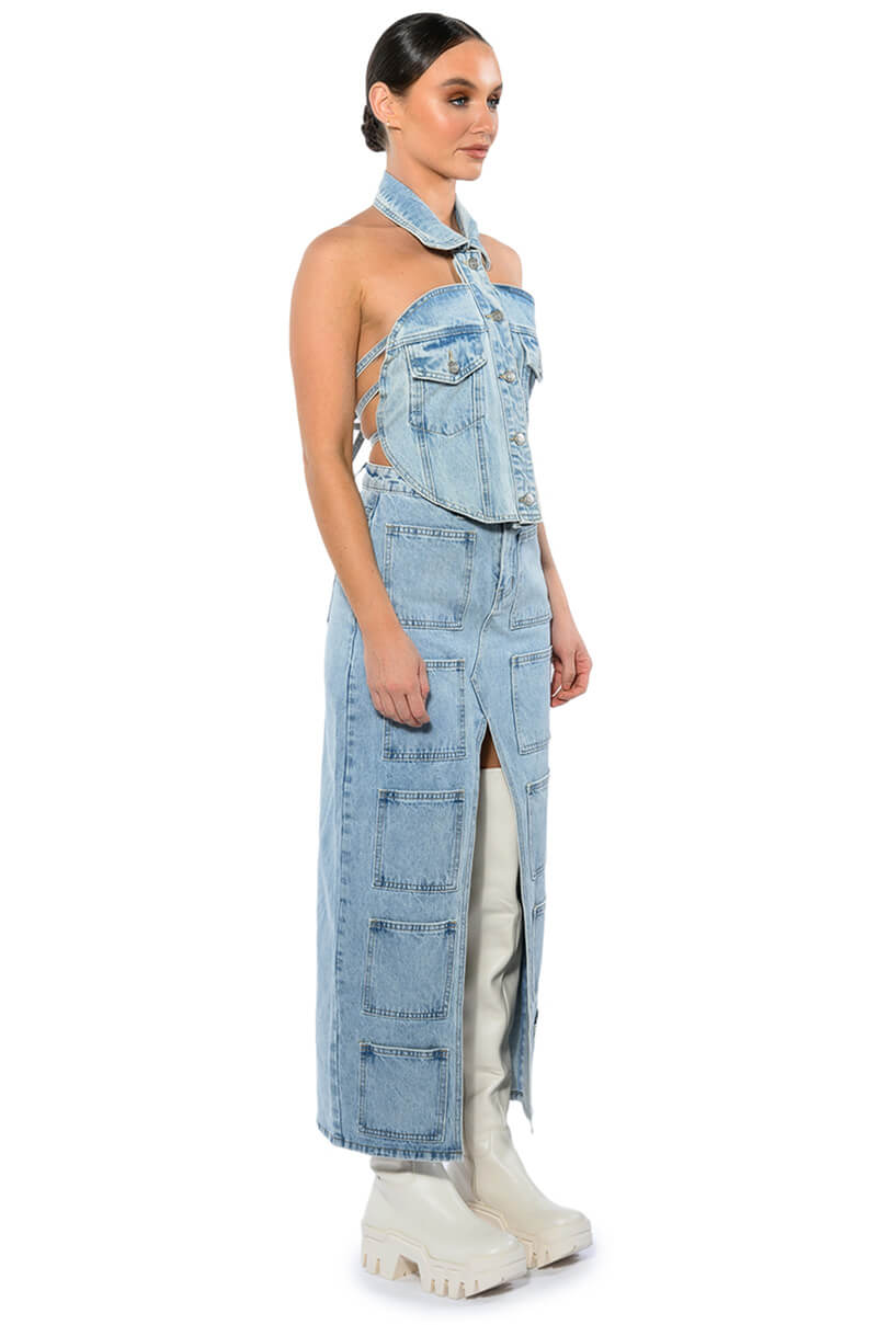 ANGELICA DENIM MIDI OPEN SLIT SKIRT