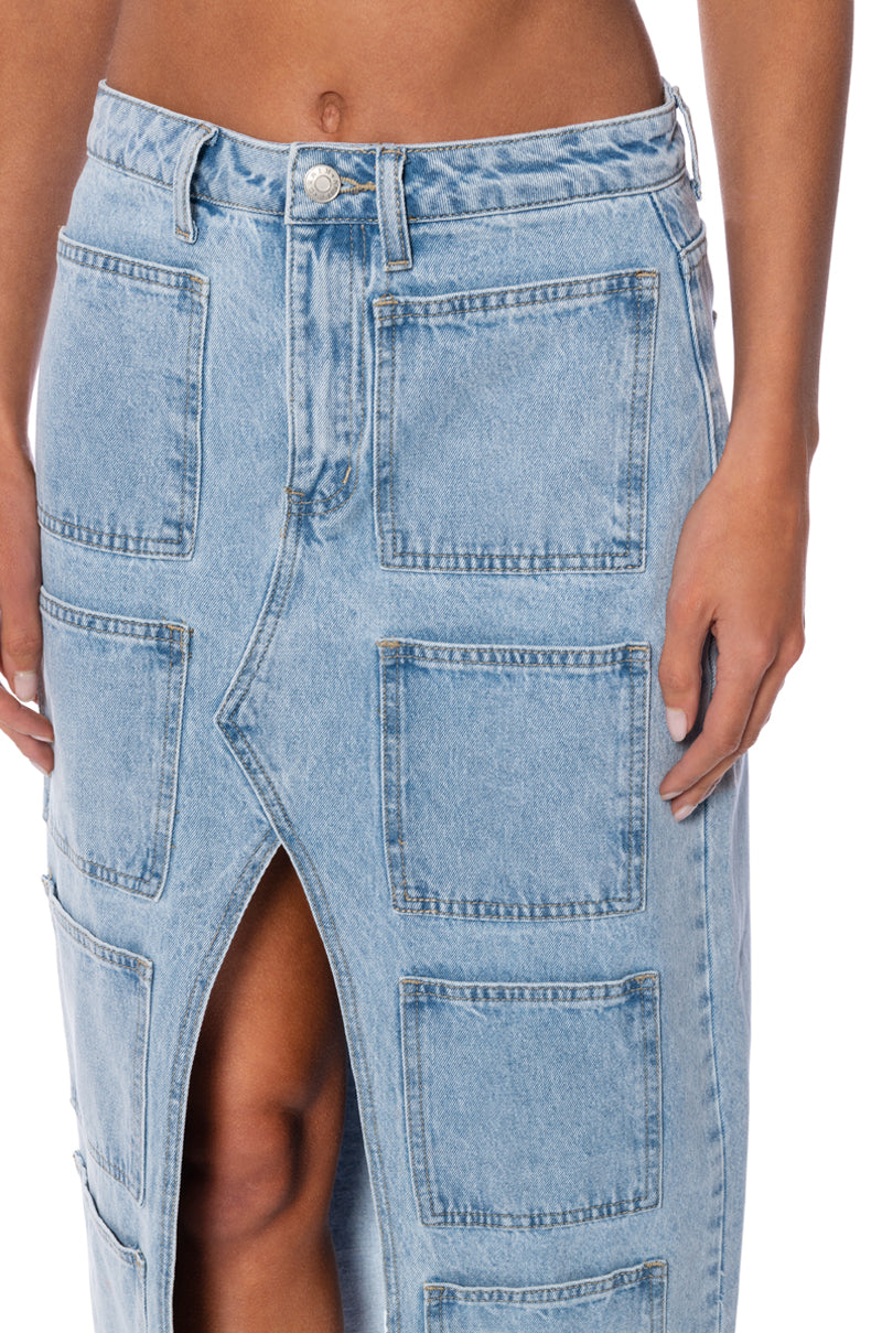 ANGELICA DENIM MIDI OPEN SLIT SKIRT