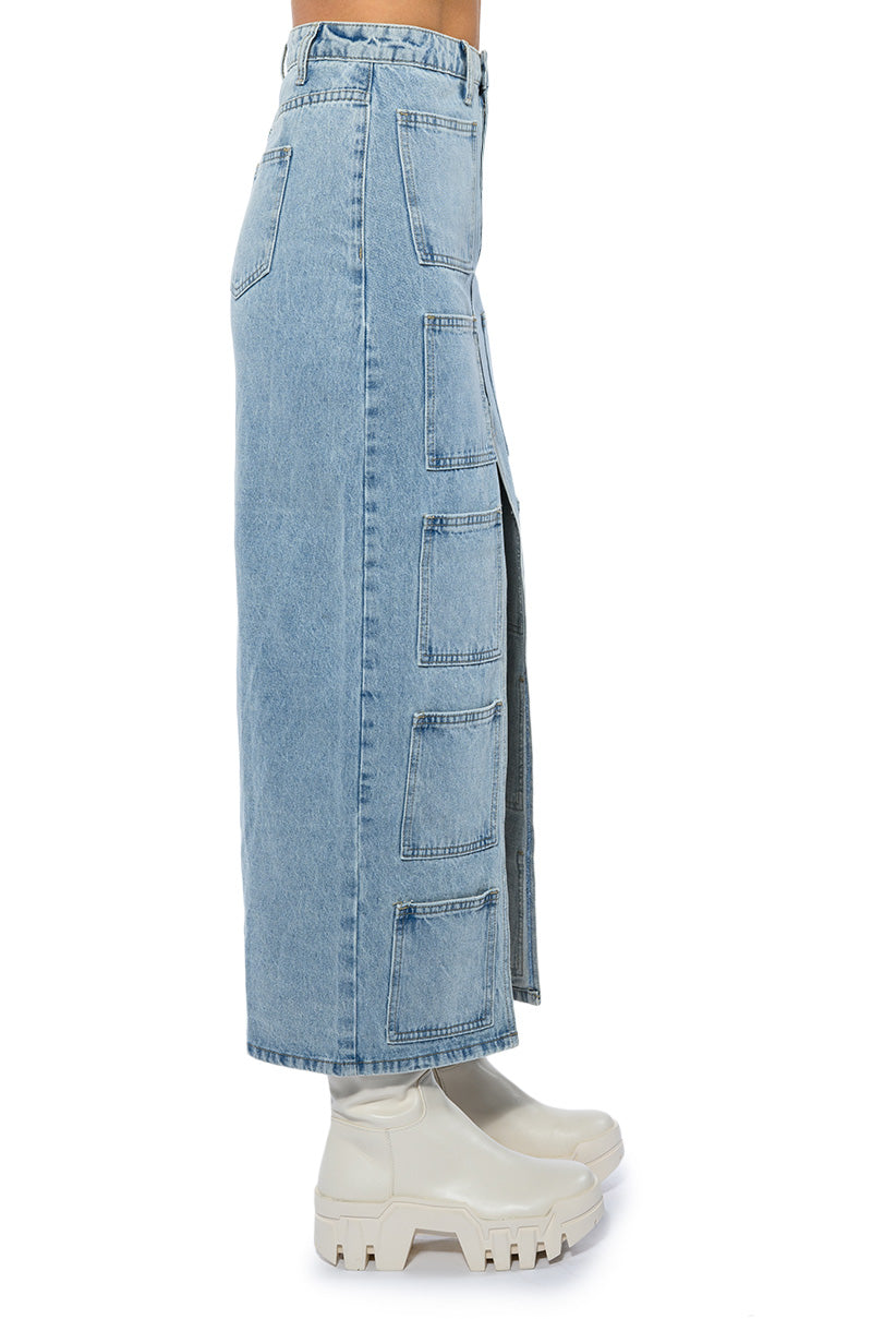 ANGELICA DENIM MIDI OPEN SLIT SKIRT