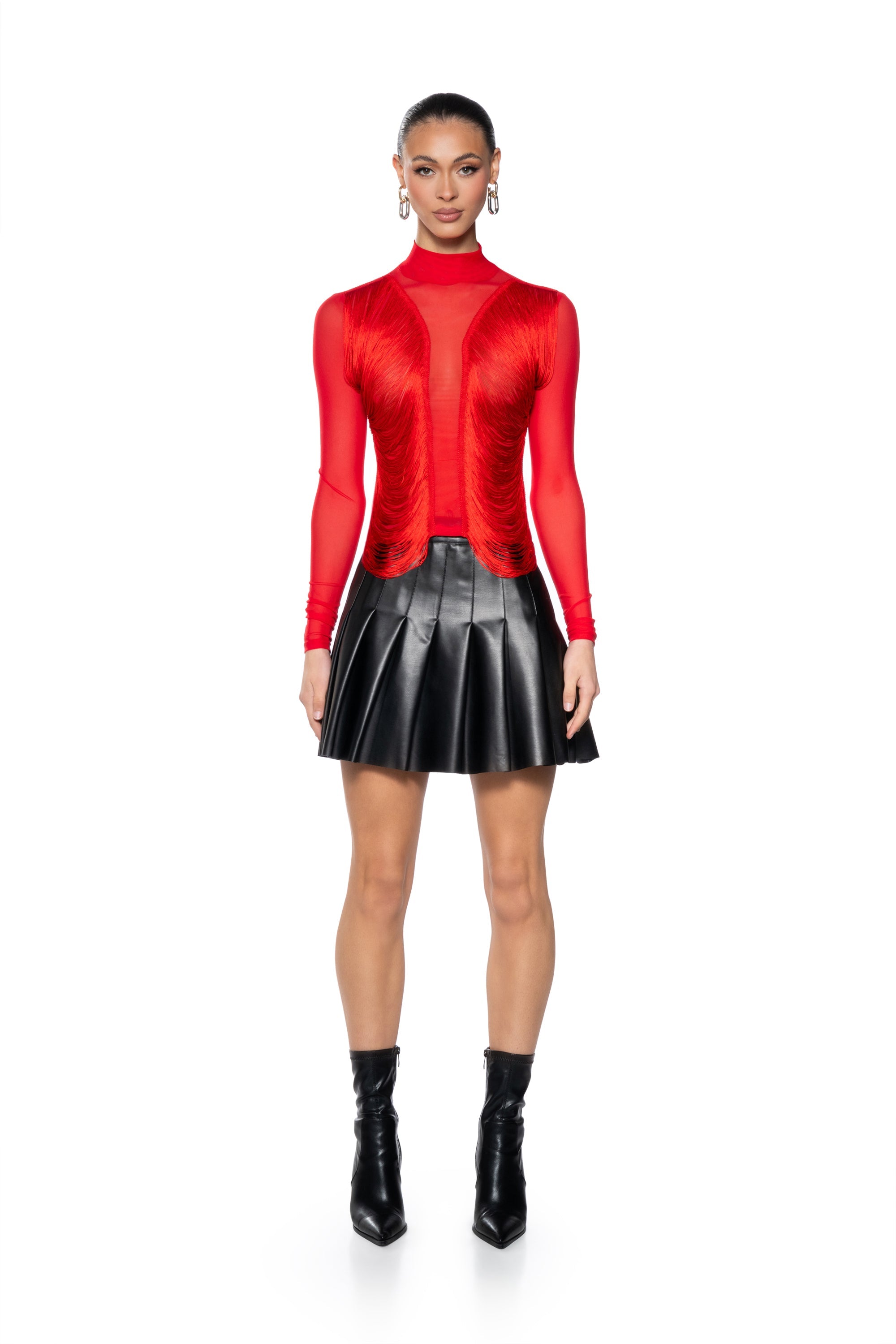 ANNIKA FRINGE DETAIL LONG SLEEVE MESH TOP IN RED