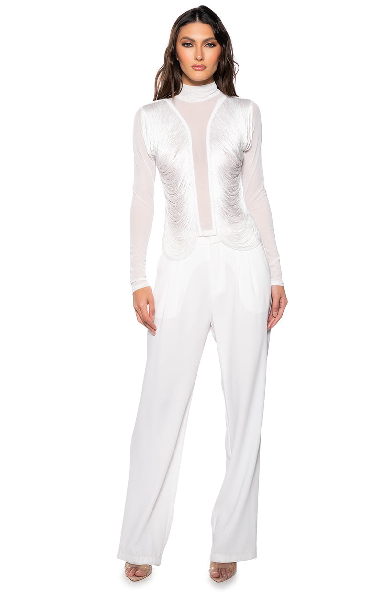 ANNIKA FRINGE DETAIL LONG SLEEVE MESH TOP