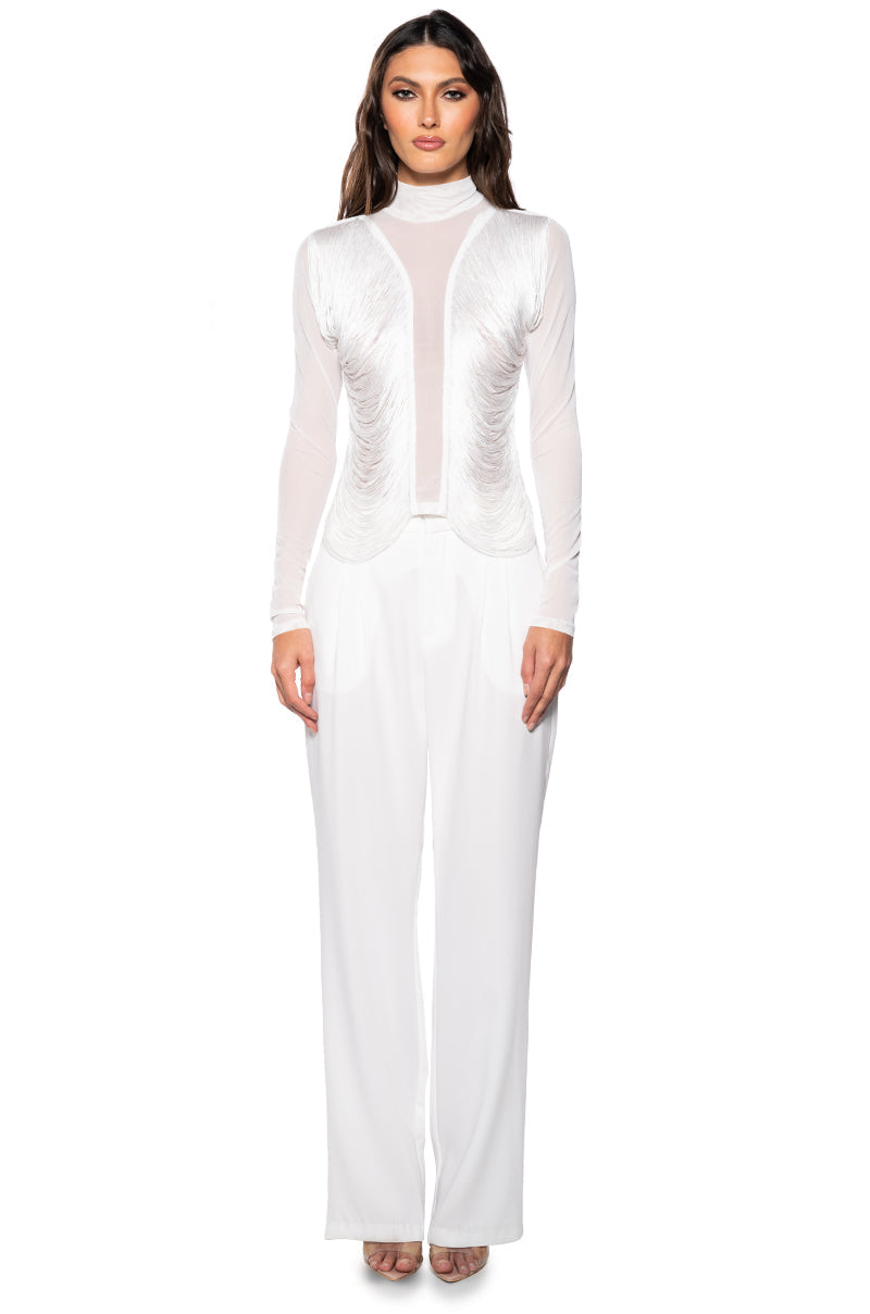 ANNIKA FRINGE DETAIL LONG SLEEVE MESH TOP