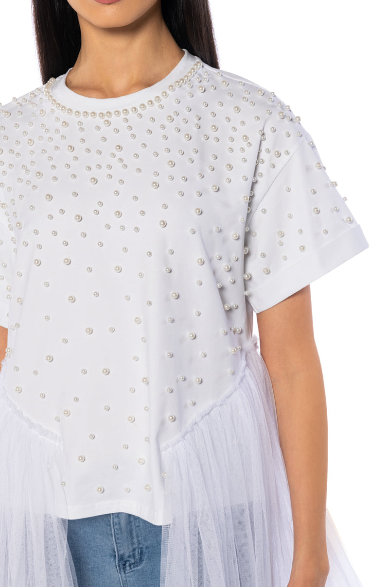 ANOTHER DREAMER EMBELLISHED TULLE T SHIRT IN WHITE