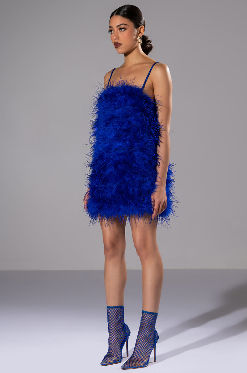 ANYTHING AND EVERYTHING STRAPLESS FEATHER MINI DRESS