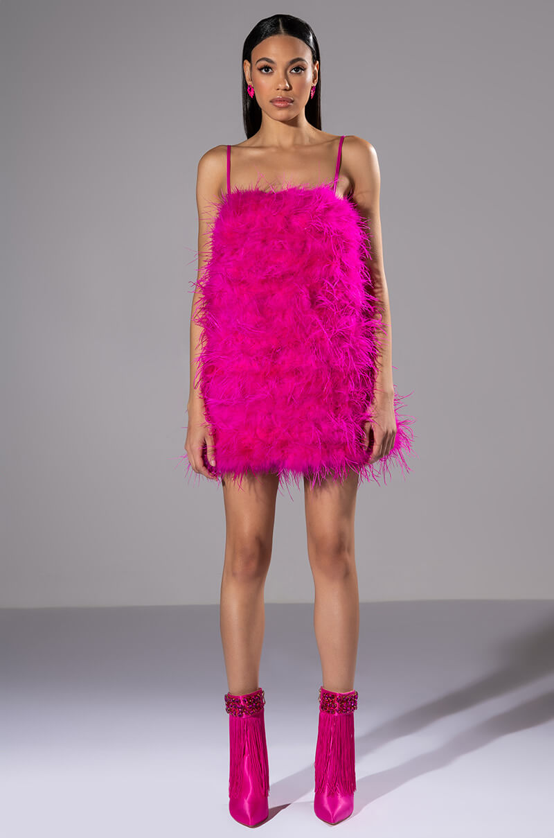 ANYTHING AND EVERYTHING STRAPLESS FEATHER MINI DRESS