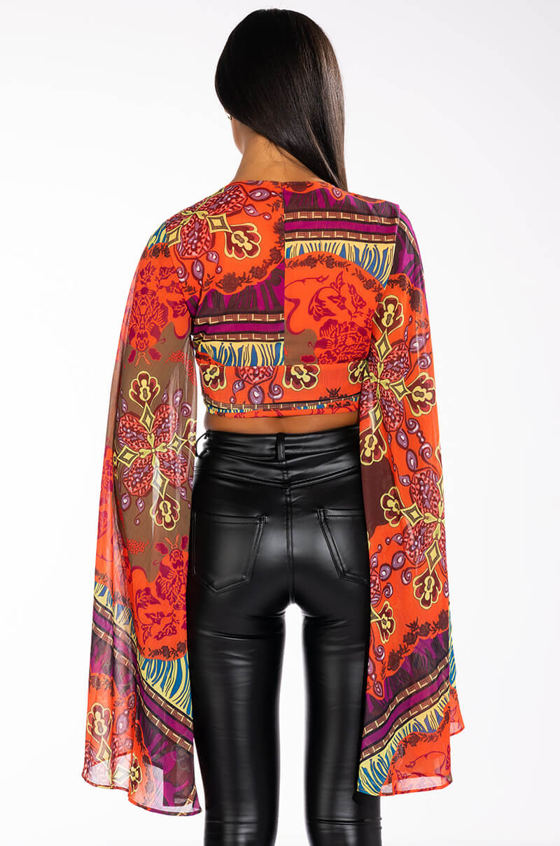 ANYWHERE I GO CROPPED TIE FRONT CHIFFON BLOUSE