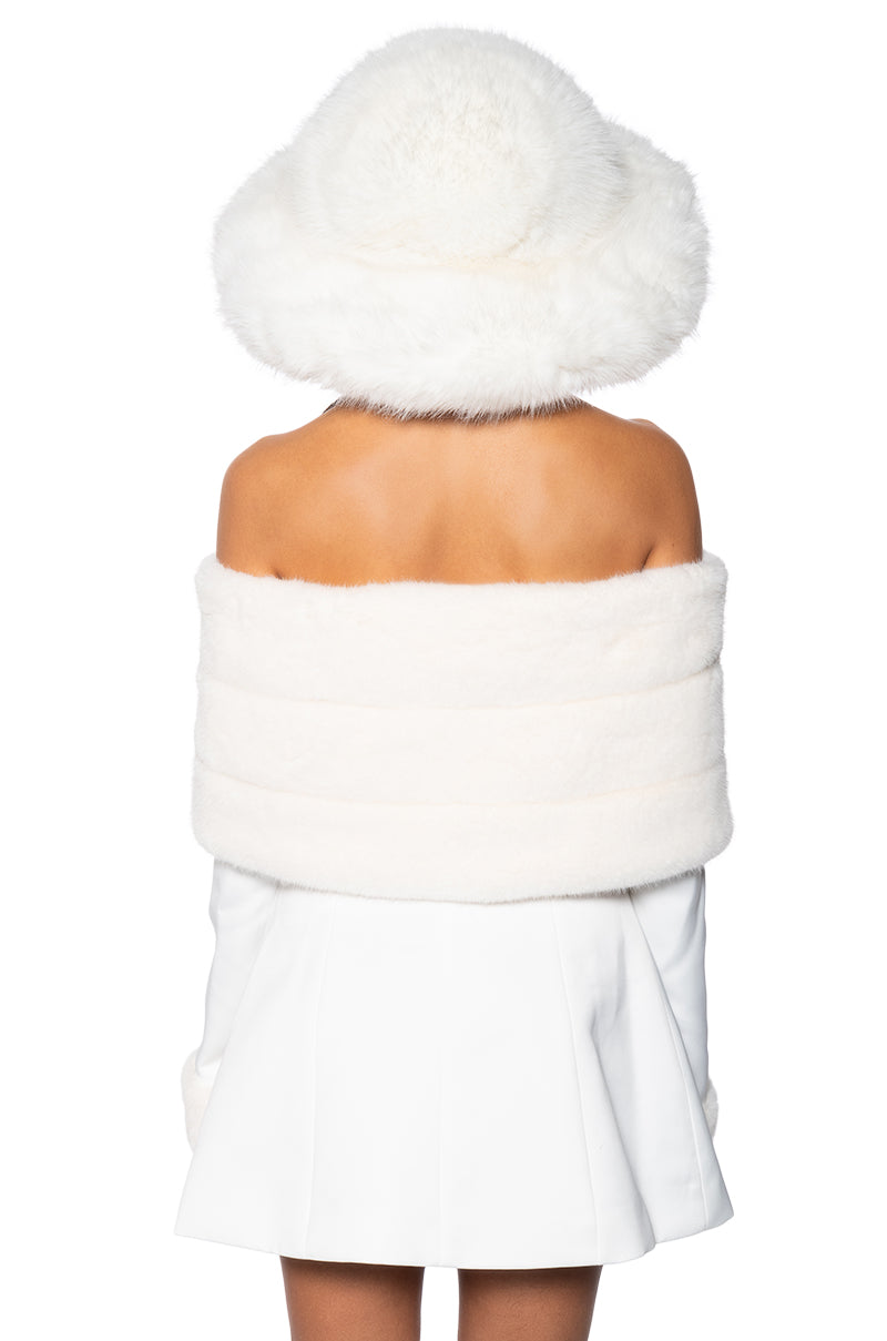 APRES SKI OFF SHOULDER FAUX FUR MINI DRESS