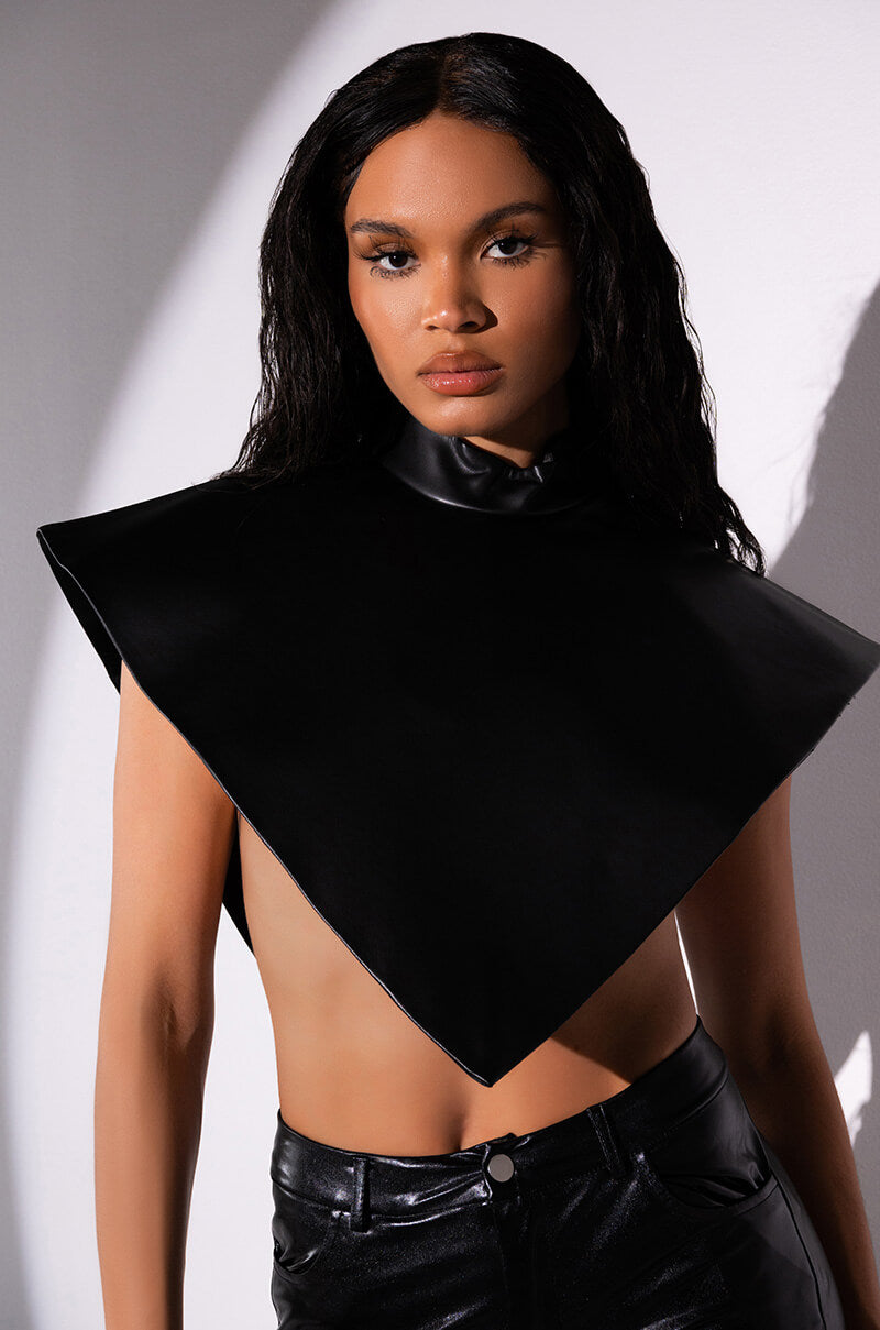 ARIA FAUX LEATHER MOCK NECK TRIANGLE BLOUSE