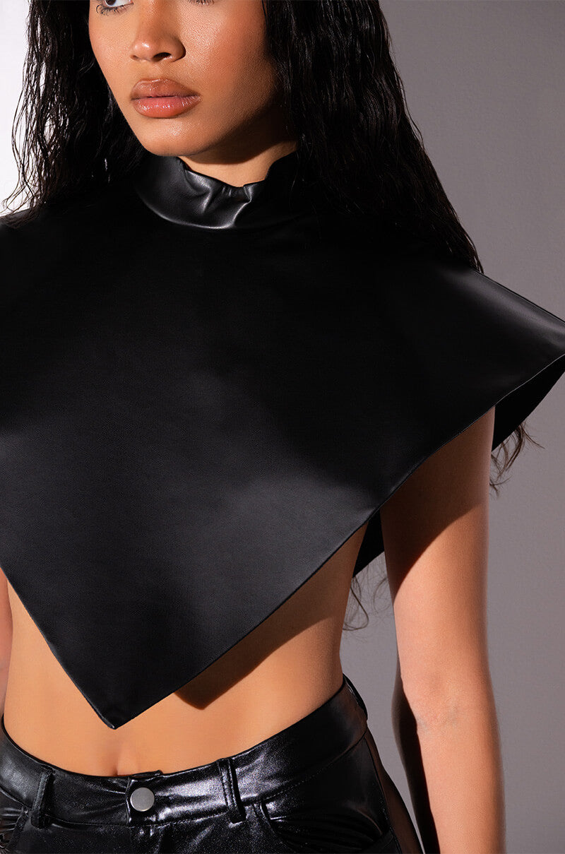 ARIA FAUX LEATHER MOCK NECK TRIANGLE BLOUSE