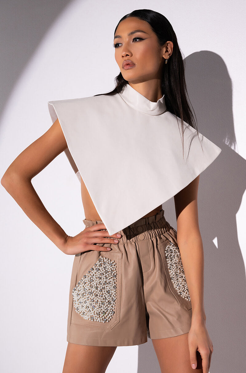 ARIA FAUX LEATHER MOCK NECK TRIANGLE BLOUSE