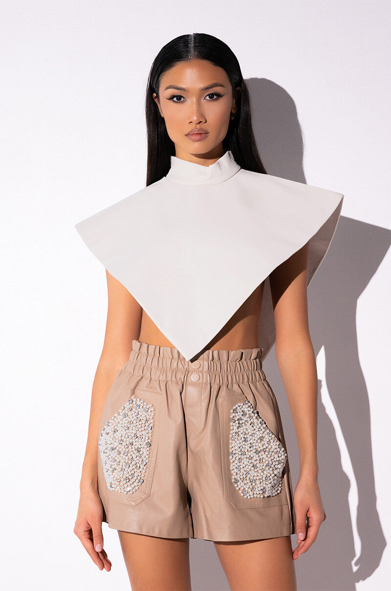 ARIA FAUX LEATHER MOCK NECK TRIANGLE BLOUSE