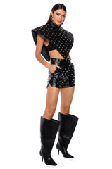 ARIA FAUX LEATHER STUD MOCK NECK TRIANGLE BLOUSE