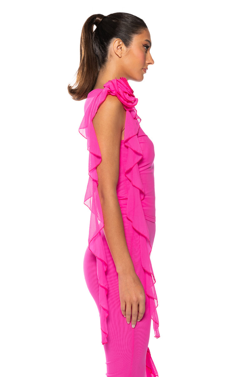 ARIANA FLOUNCED SLEEVELESS MESH TOP