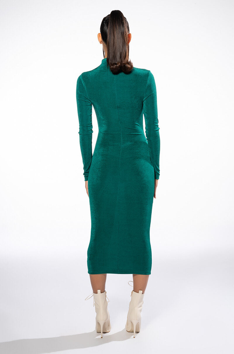 ARIANA RUCHED LONG SLEEVE FUNNEL NECK MIDI DRESS