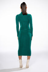ARIANA RUCHED LONG SLEEVE FUNNEL NECK MIDI DRESS
