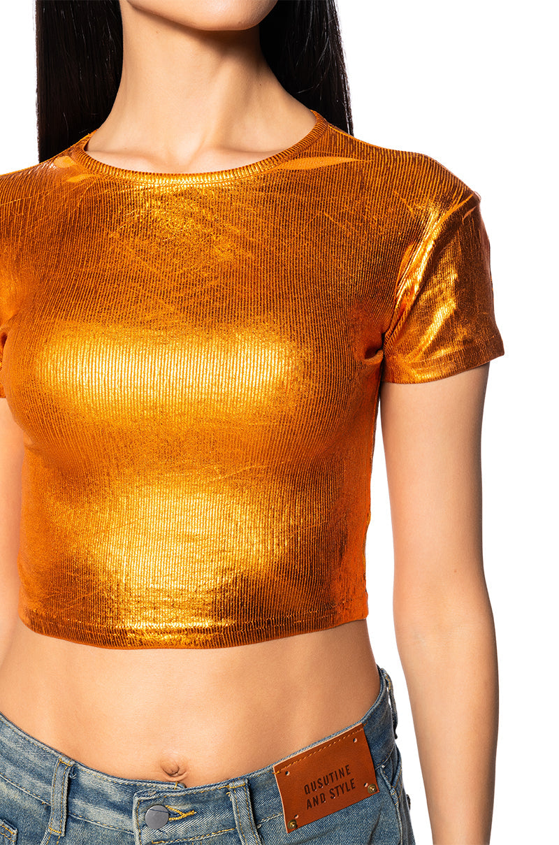 ARIES METALLIC RIB SHORT SLEEVE T SHIRT IN ORANGE