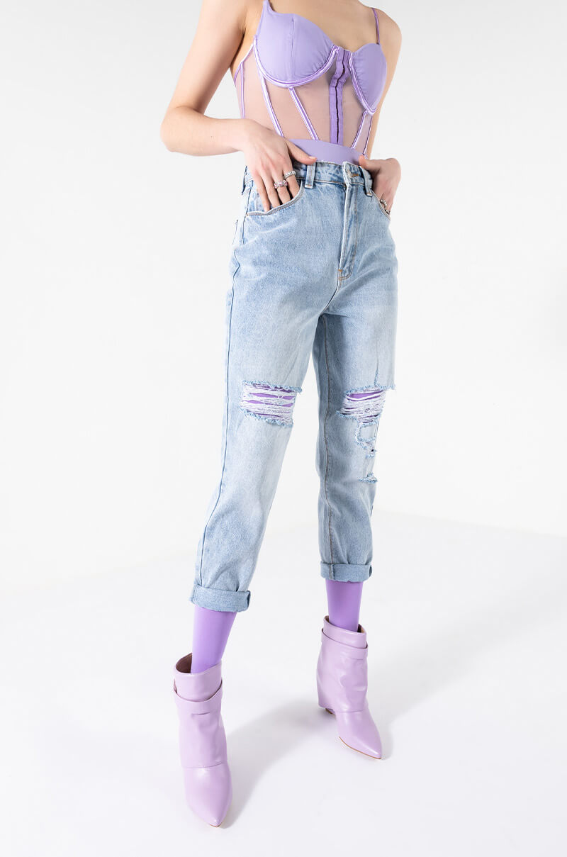 ARRIVEDERCI ACID WASH HIGH RISE DISTRESSED MOM JEANS