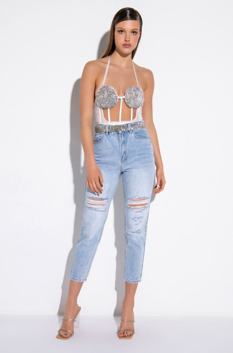 ARRIVEDERCI ACID WASH HIGH RISE DISTRESSED MOM JEANS