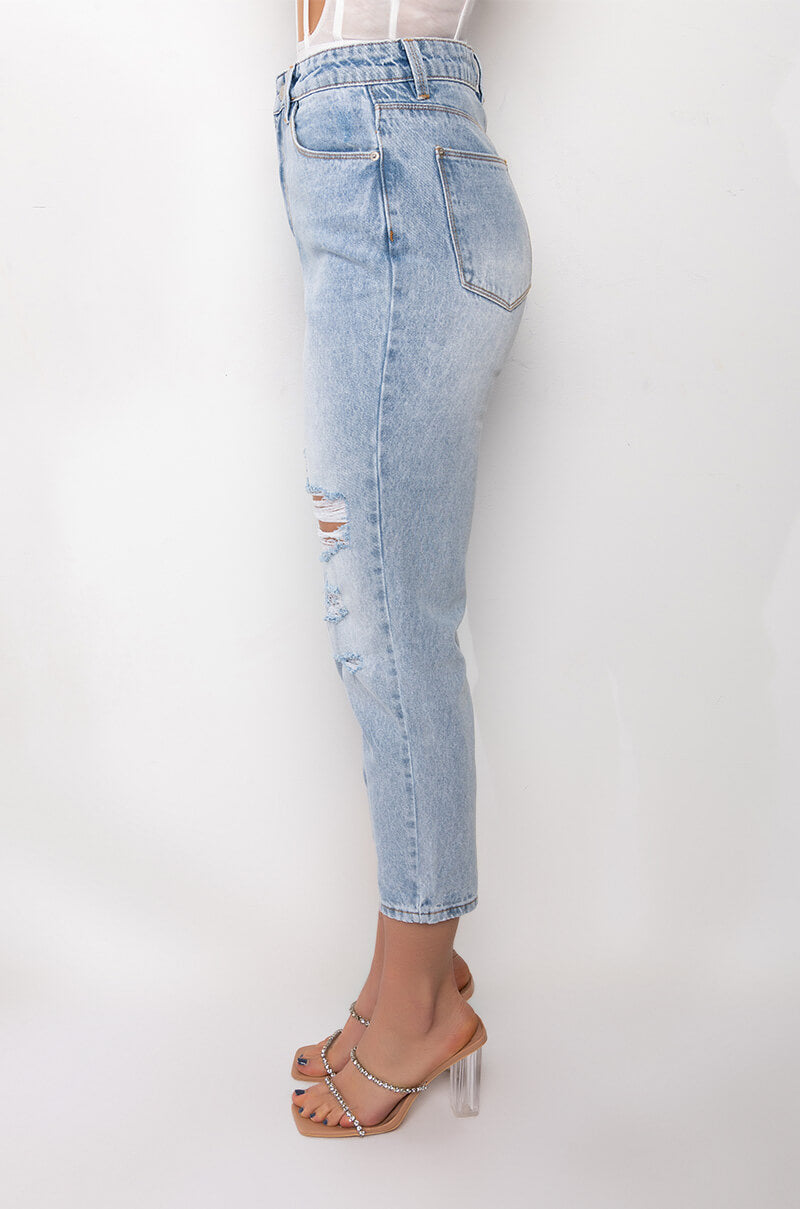 ARRIVEDERCI ACID WASH HIGH RISE DISTRESSED MOM JEANS