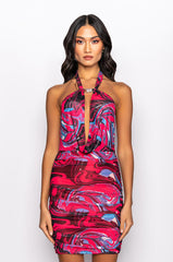 AS IS SWIRL PRINT MESH COWL MINI DRESS