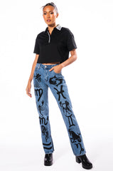 ASTROLOGICAL PRINTED HIGH RISE STRAIGHT LEG JEAN