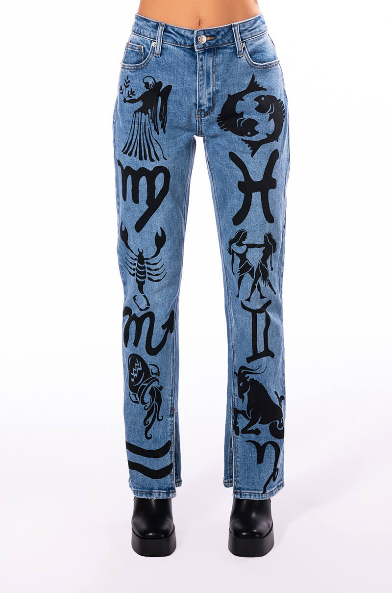 ASTROLOGICAL PRINTED HIGH RISE STRAIGHT LEG JEAN