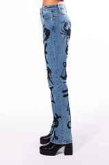 ASTROLOGICAL PRINTED HIGH RISE STRAIGHT LEG JEAN