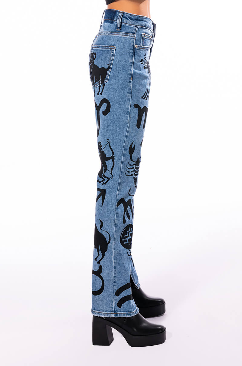 ASTROLOGICAL PRINTED HIGH RISE STRAIGHT LEG JEAN
