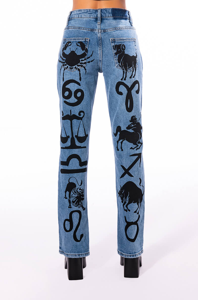 ASTROLOGICAL PRINTED HIGH RISE STRAIGHT LEG JEAN
