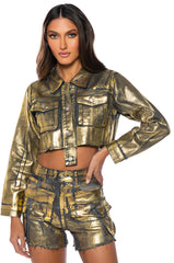 AUBREY BRUSHED METALLIC CROPPED DENIM JACKET