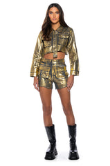 AUBREY BRUSHED METALLIC CROPPED DENIM JACKET