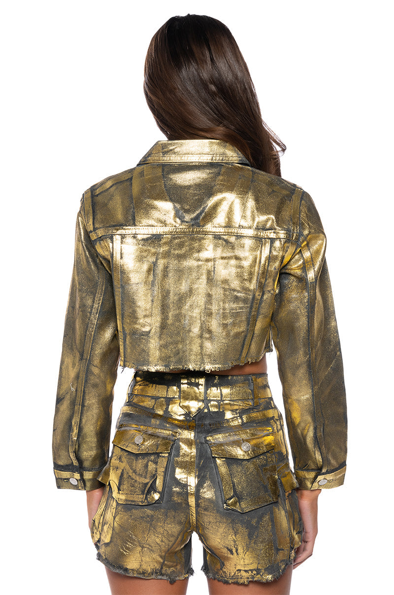 AUBREY BRUSHED METALLIC CROPPED DENIM JACKET