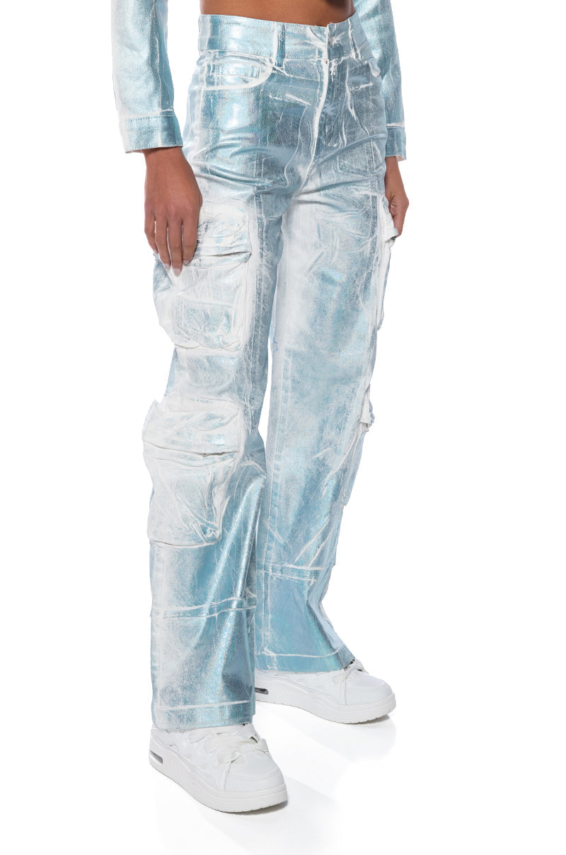 AUBREY BRUSHED METALLIC WIDE LEG CARGO JEANS