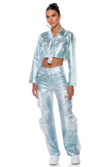 AUBREY BRUSHED METALLIC WIDE LEG CARGO JEANS