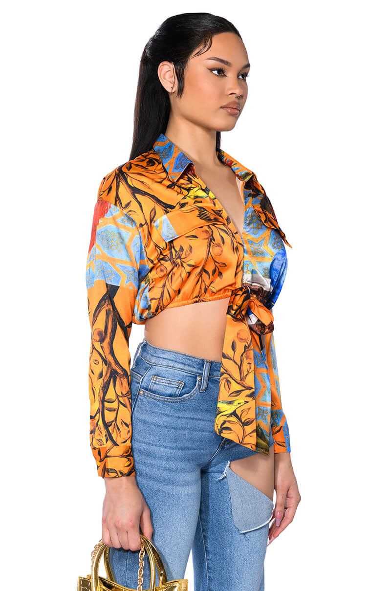AUDREY PRINTED TIE FRONT BLOUSE
