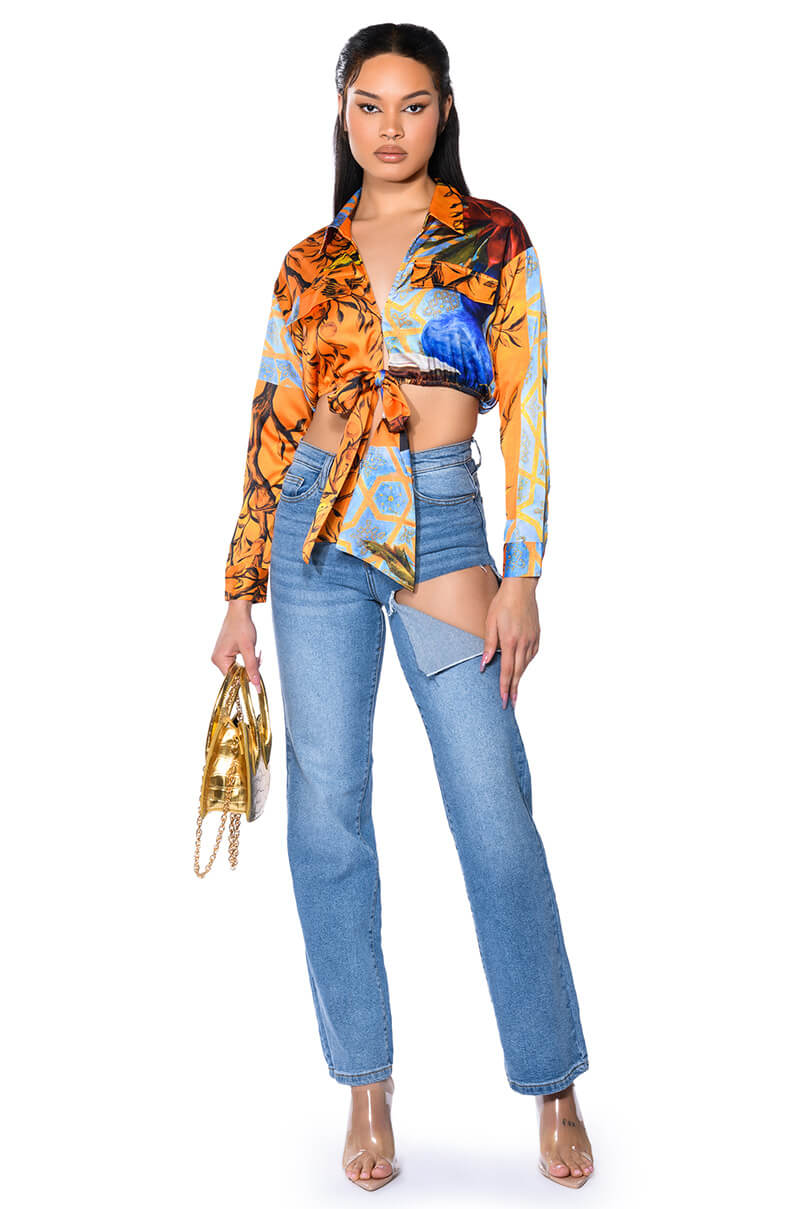 AUDREY PRINTED TIE FRONT BLOUSE