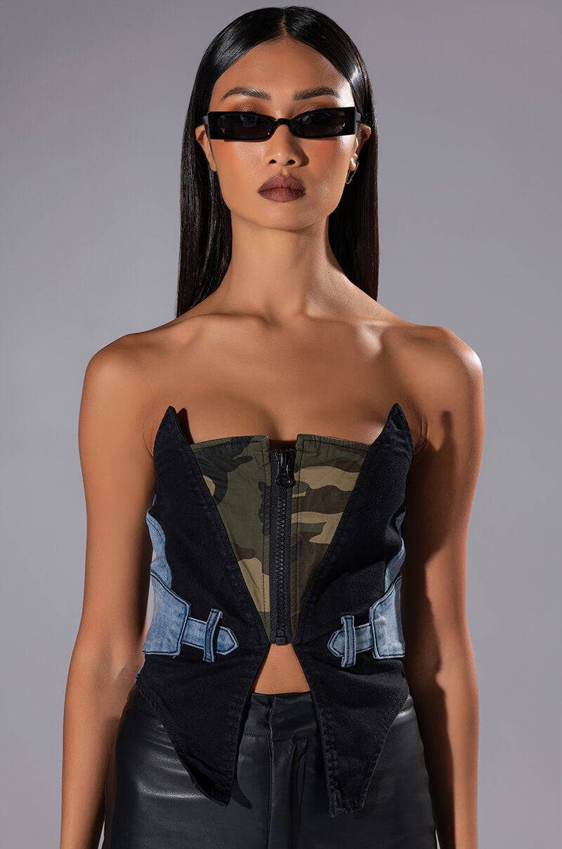 AVIATOR CAMO AND DENIM CORSET TOP