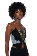 AVIATOR CAMO AND DENIM CORSET TOP