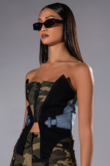 AVIATOR CAMO AND DENIM CORSET TOP
