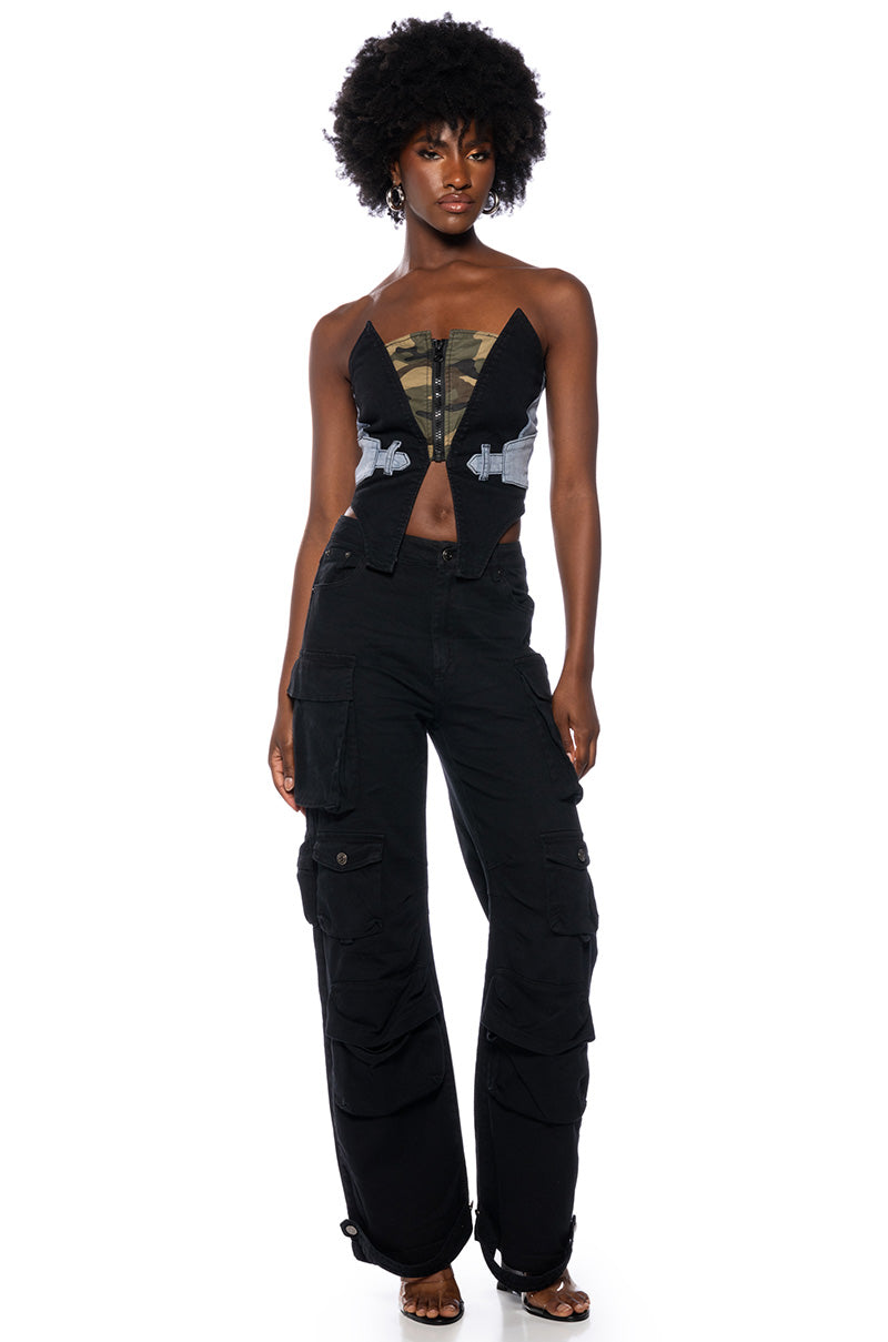 AVIATOR CAMO AND DENIM CORSET TOP