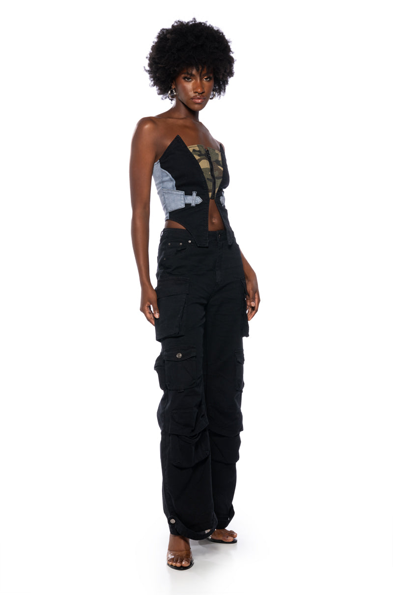 AVIATOR CAMO AND DENIM CORSET TOP