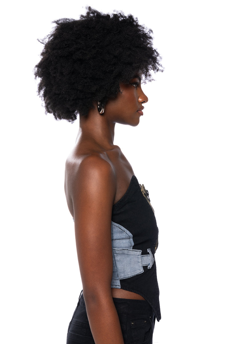 AVIATOR CAMO AND DENIM CORSET TOP