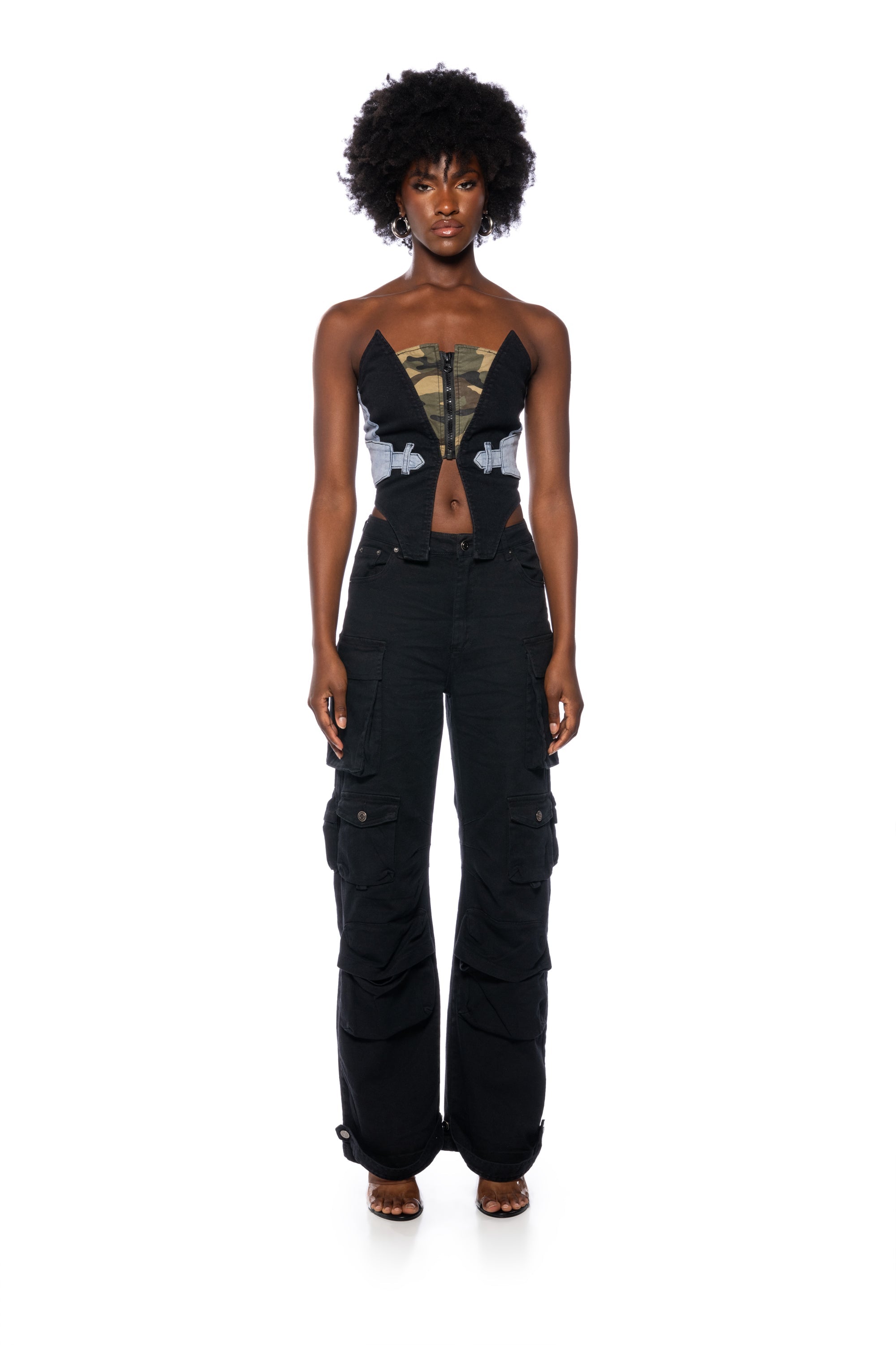 AVIATOR CAMO AND DENIM CORSET TOP