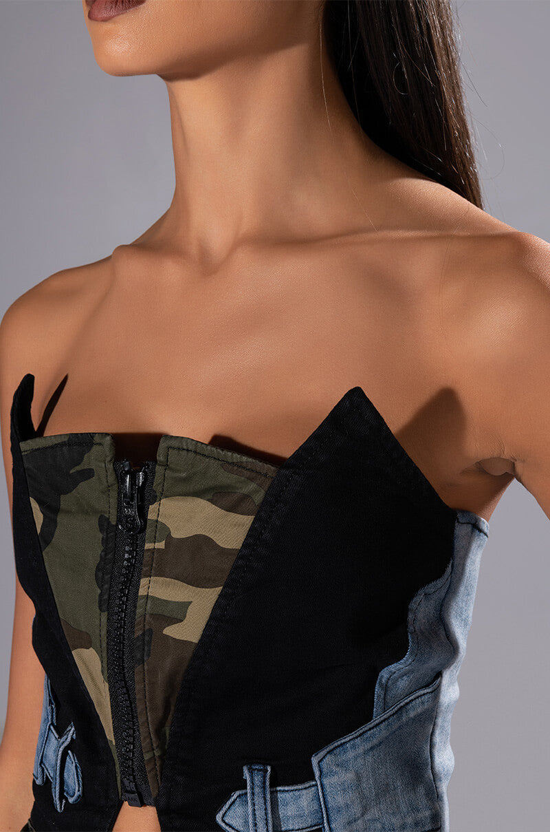 AVIATOR CAMO AND DENIM CORSET TOP