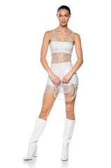 AYLA RHINESTONE MESH MIDI DRESS IN WHITE